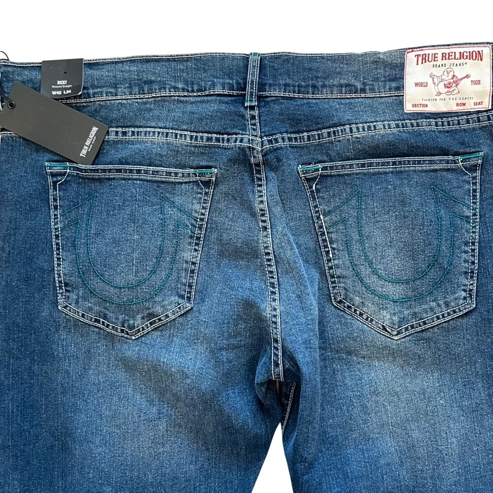 True Religion Ricky Relaxed Straight Jeans Medium Harvest Wash Teal Stitch 42x34